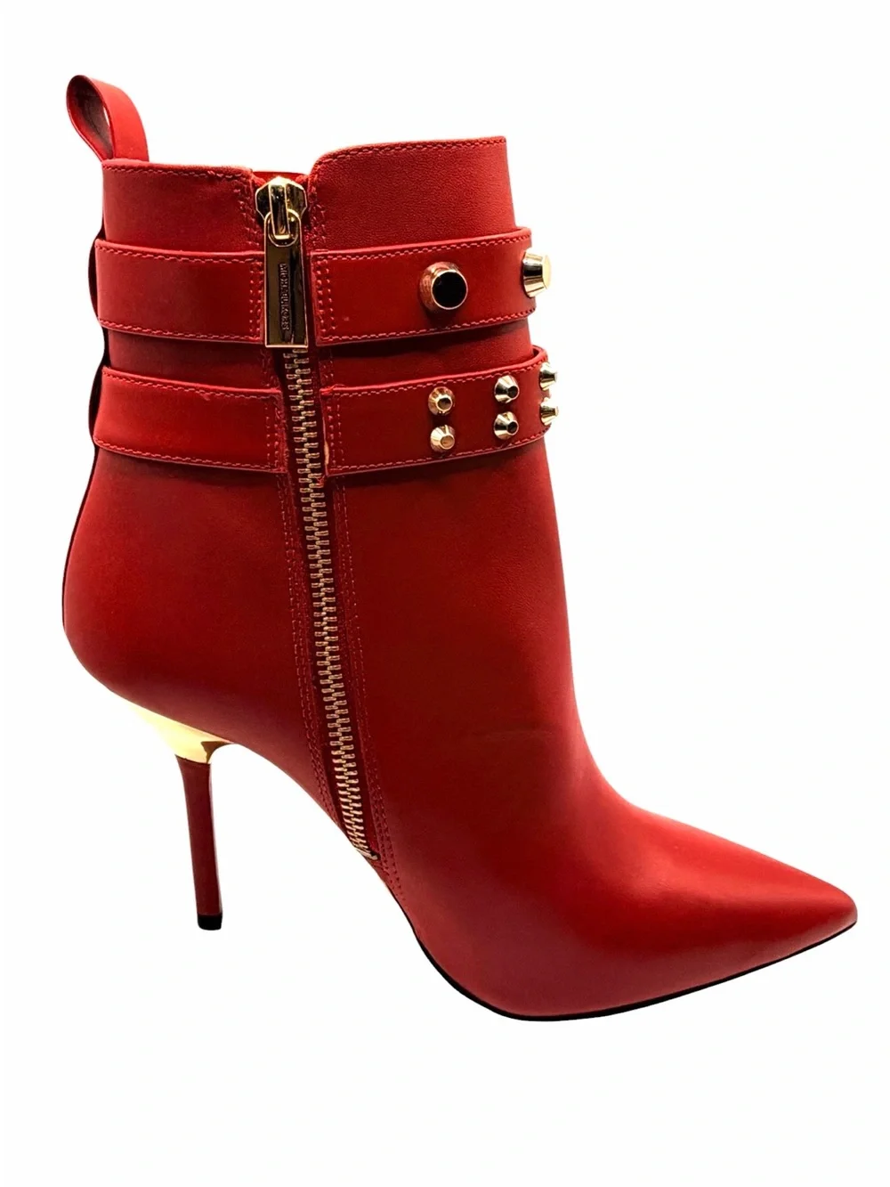 Michael Kors Amal Studded Leather Ankle Boots Crimson Red Gold Studs Stiletto 7M